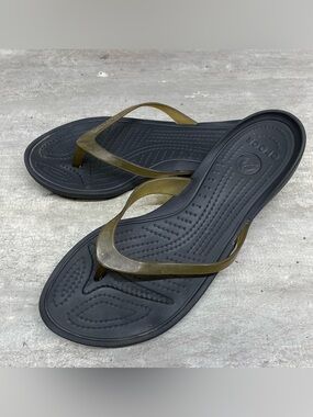 CROCS Black Footbed Sandals with Translucent Brown Straps